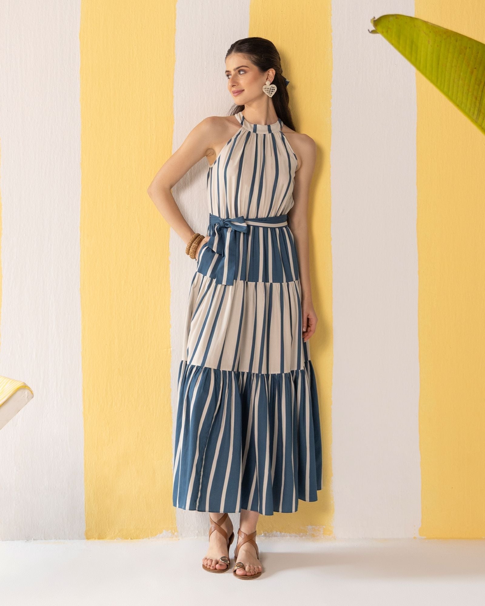 Blue & Beige Striped Maxi Dress  Zazu