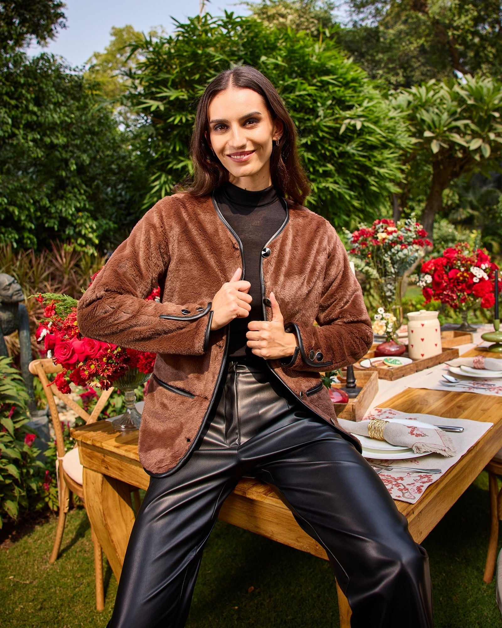 Brown Jacket & Leather Pants Set