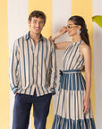 Blue & Beige Striped His & Hers Set